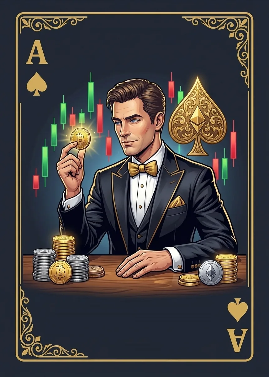 Ilustración del Catador: un hombre de esmoquin examina una moneda frente a un gráfico de velas