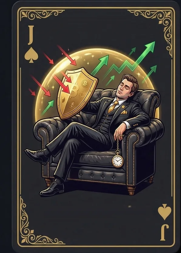 Ilustración del Haragán: un hombre descansa en un sillón mientras un escudo dorado desvía flechas del mercado
